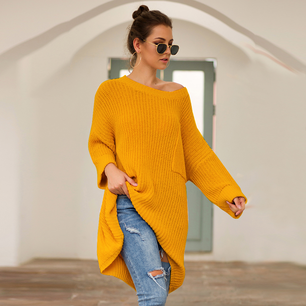 SZ60241-2 Yellow Knit One Shoulder Long Sleeve Casual Sweater